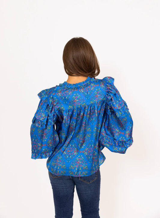Floral Satin Ruffle Sleeve Top