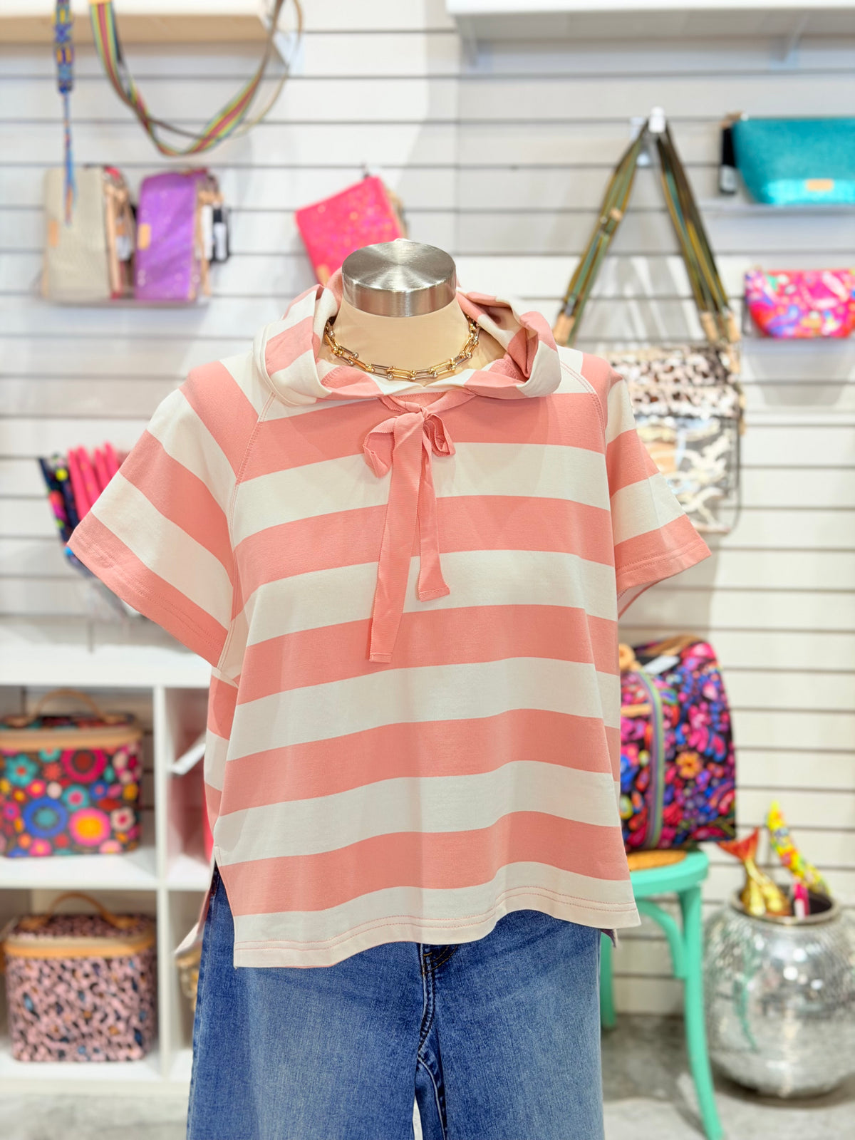 Pink Striped Hoodie Top