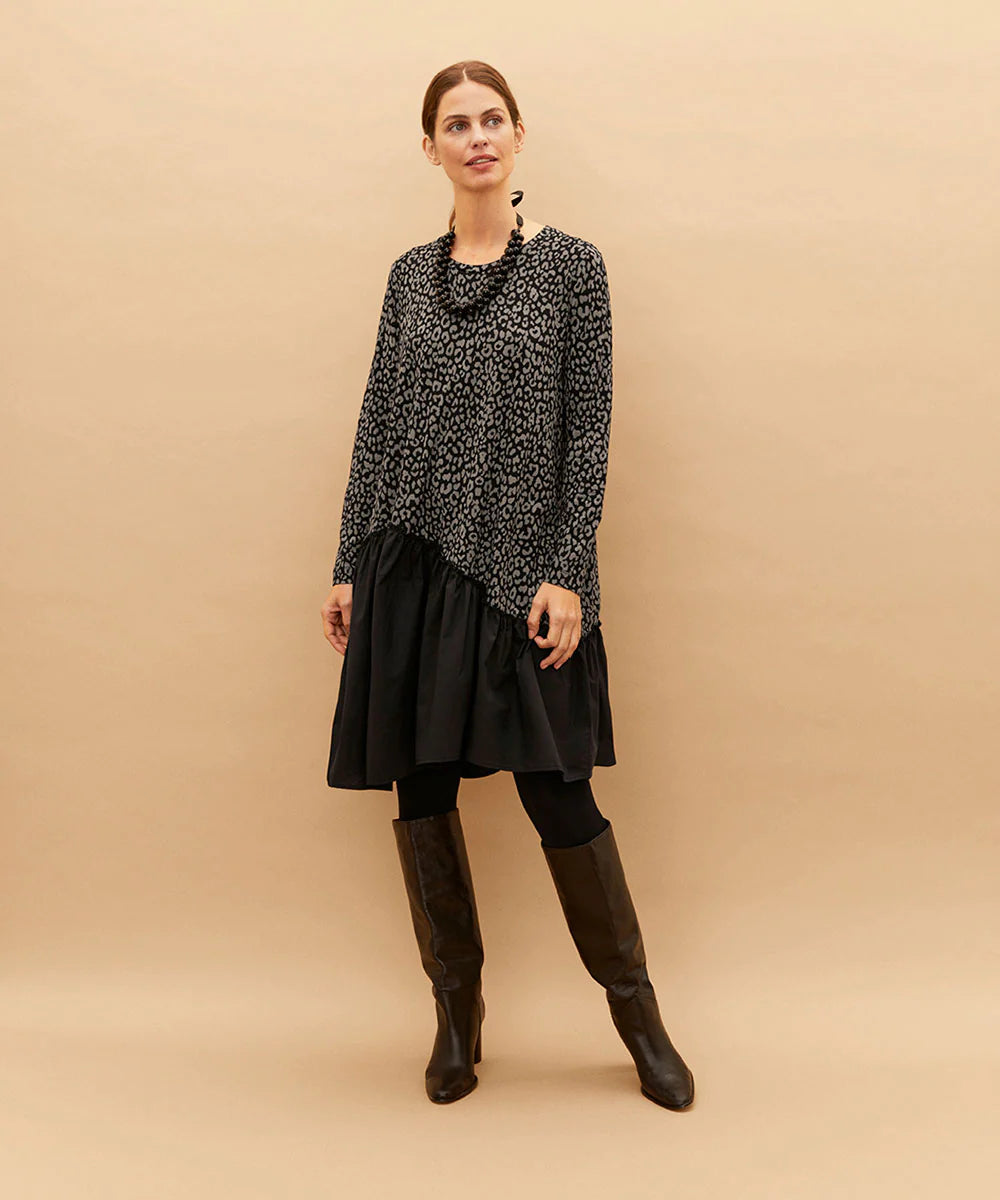 Grey Leopard Asymmetrical Ruffle Dress