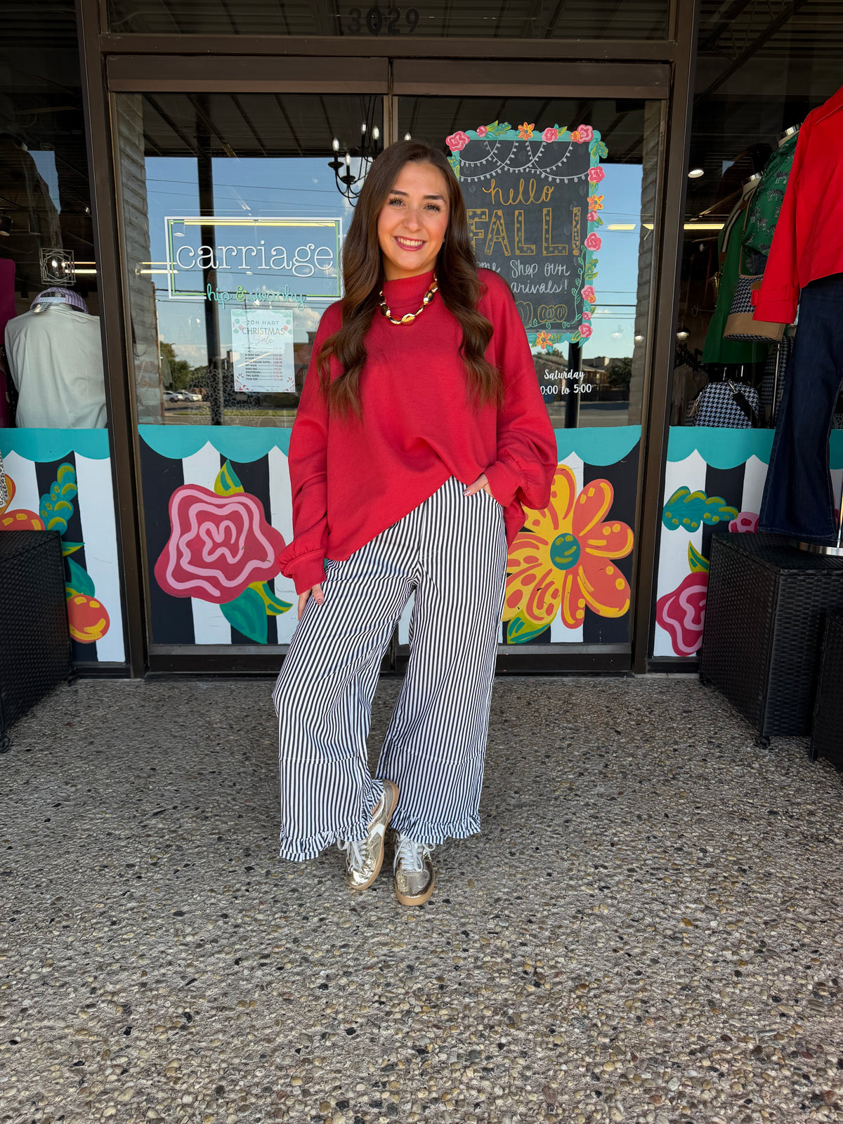 Black Striped Ruffle Hem Pants