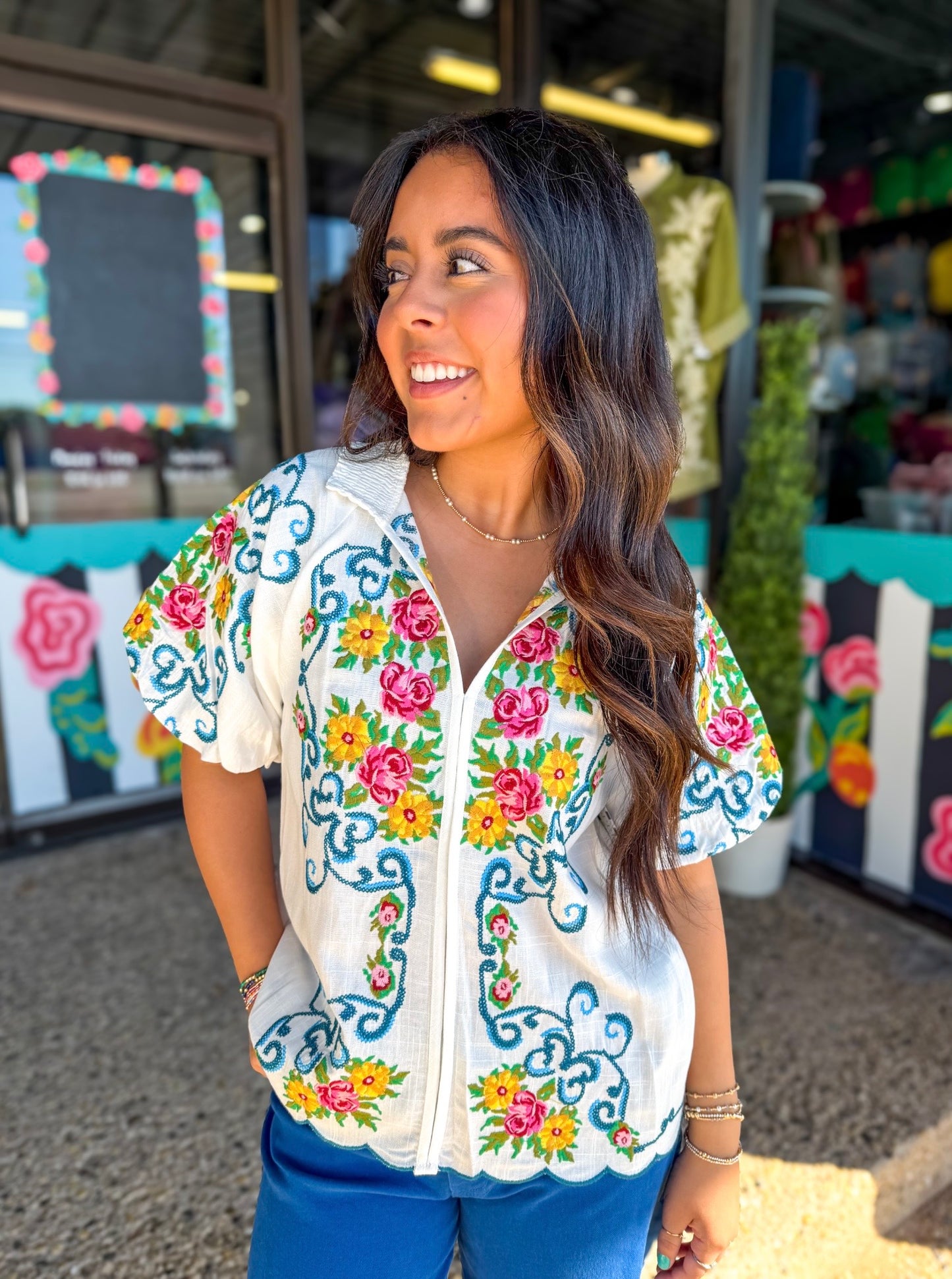 White Floral Emb. Top