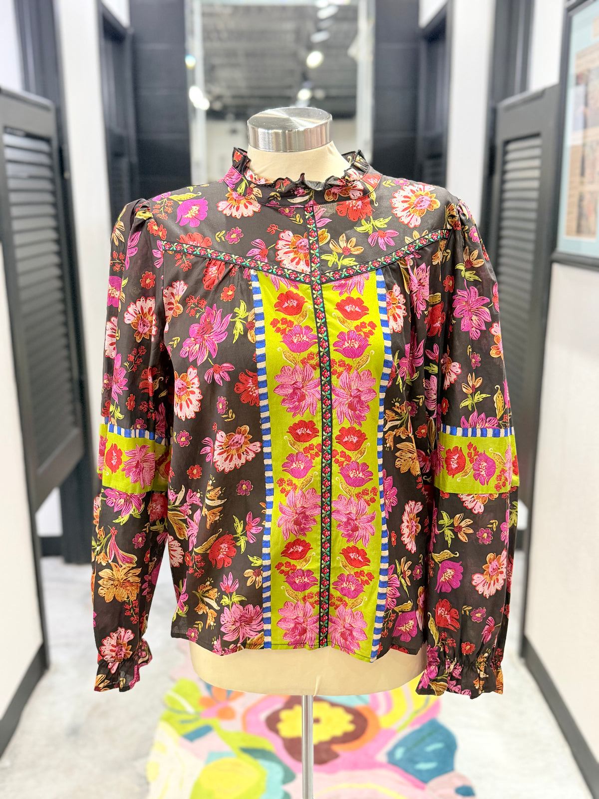Multi Floral Ruffle Neck Top