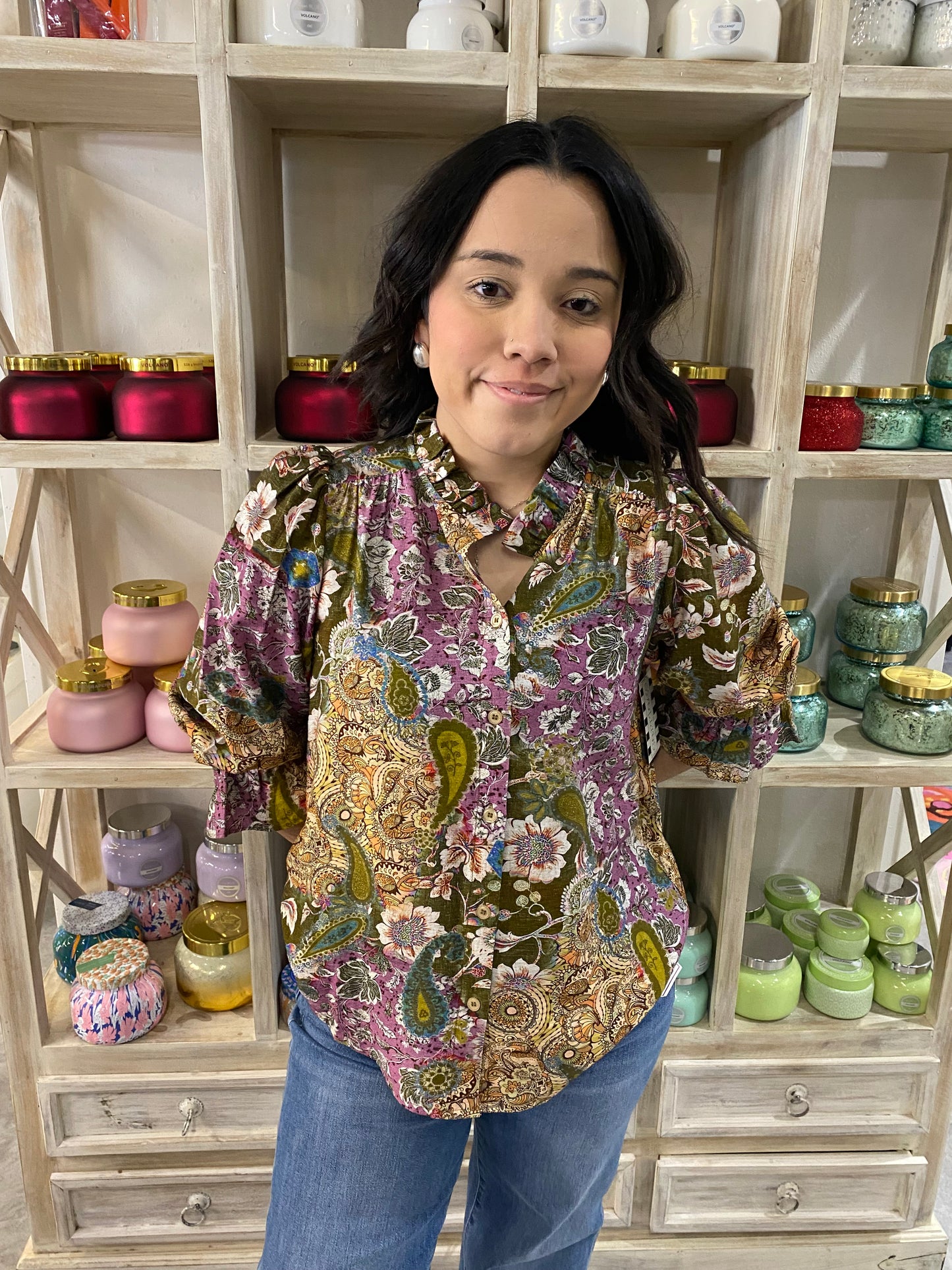 Artist Meadows Ruffle Button Front Blouse