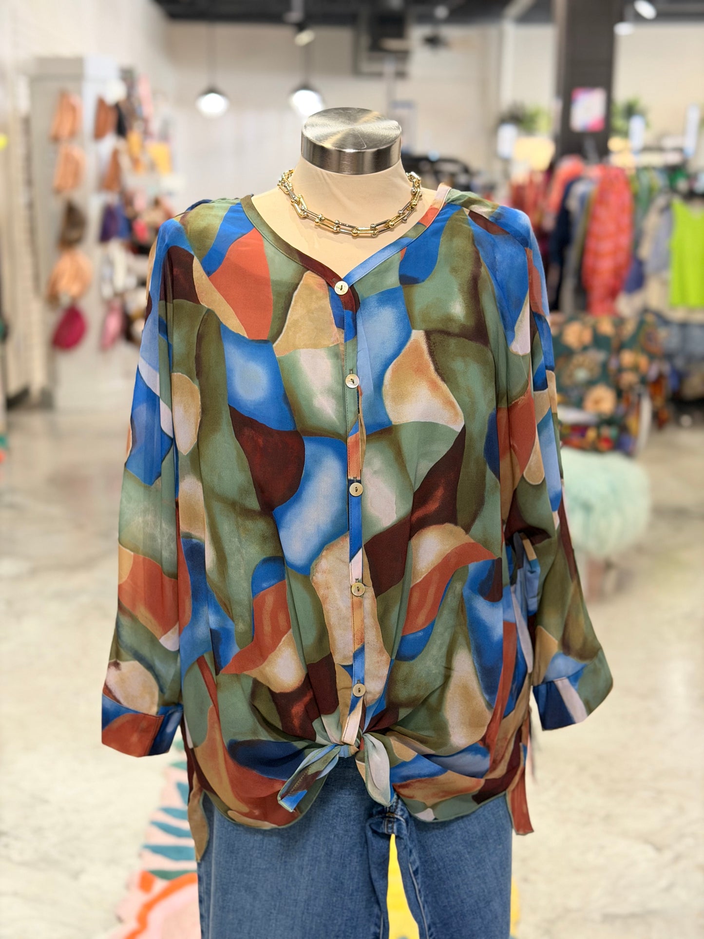 Geo Multi Printed Button Up Top