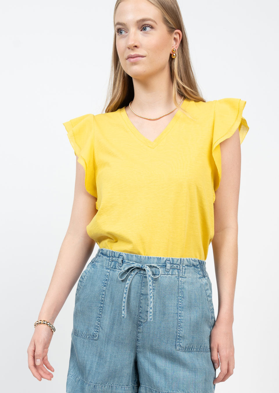 Vneck Flounce Sleeve Top - Mustard