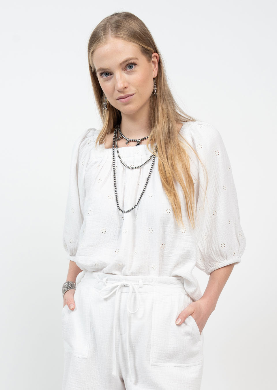 White Gauze Eyelet Top