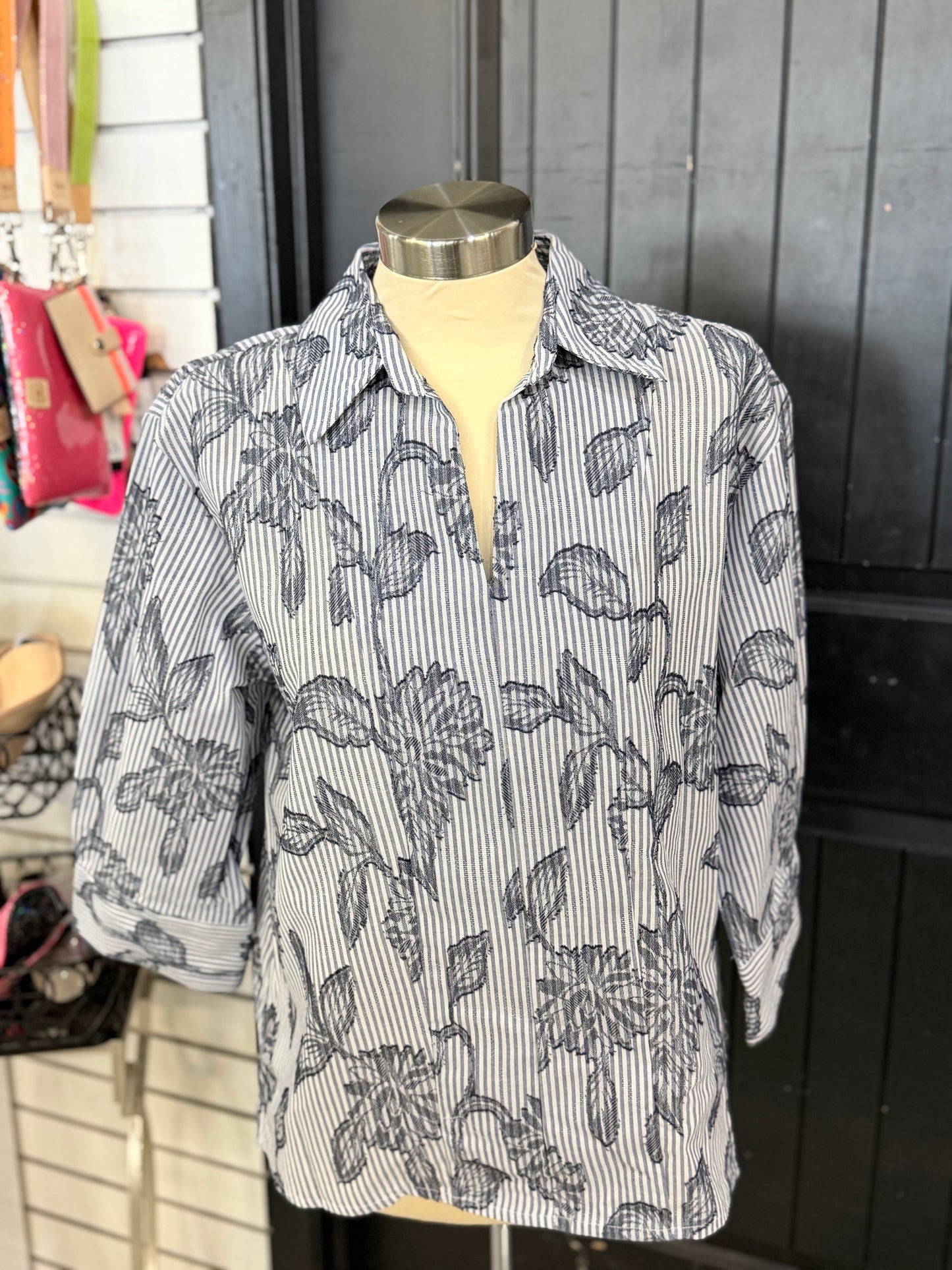 Blue Striped Floral Design Top