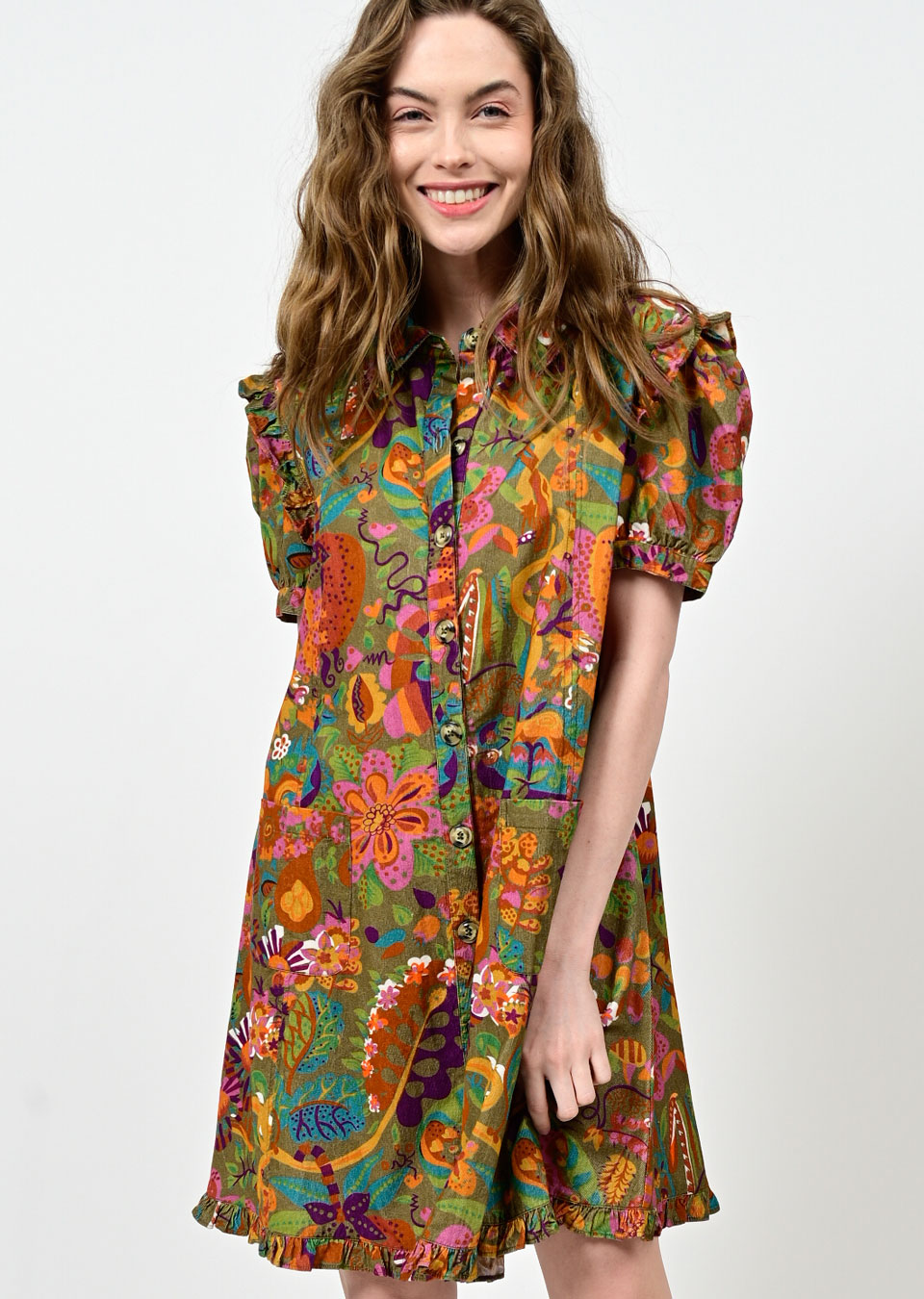 Olive & Floral Corduroy Dress