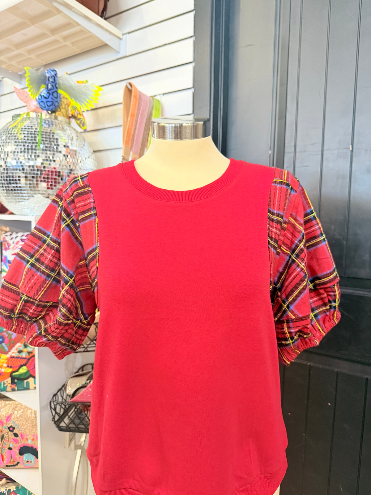 Red Plaid Sleeve Top