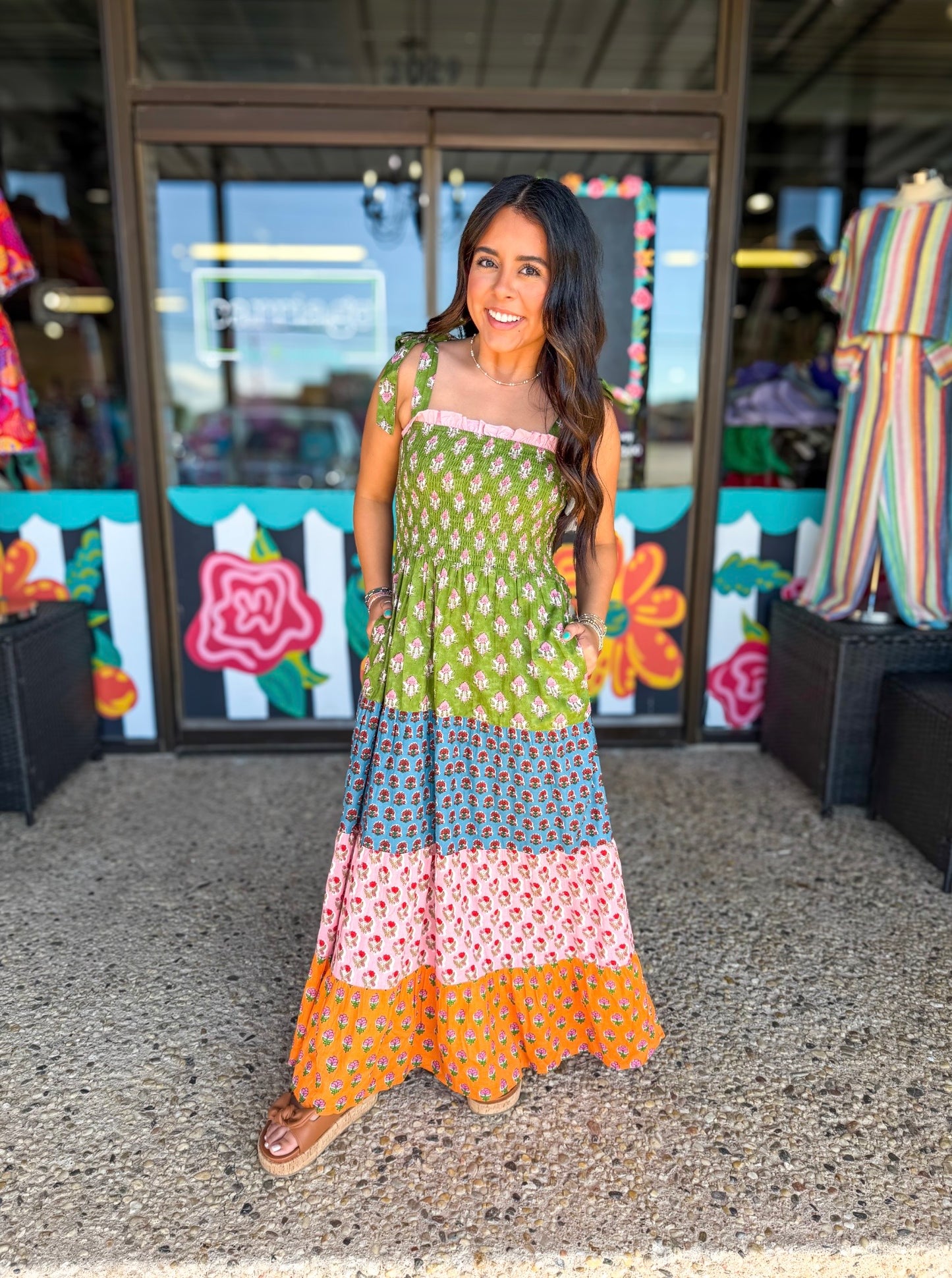 Green/Pink Tie Straps Maxi Dress