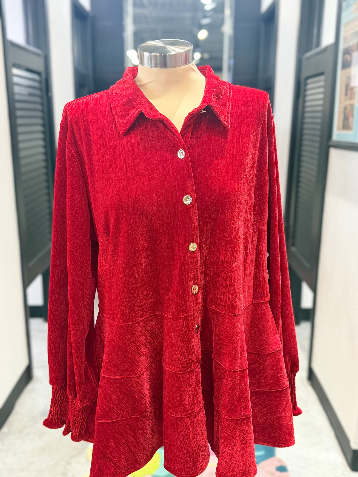 Red Velvet Tiered Button Up Top
