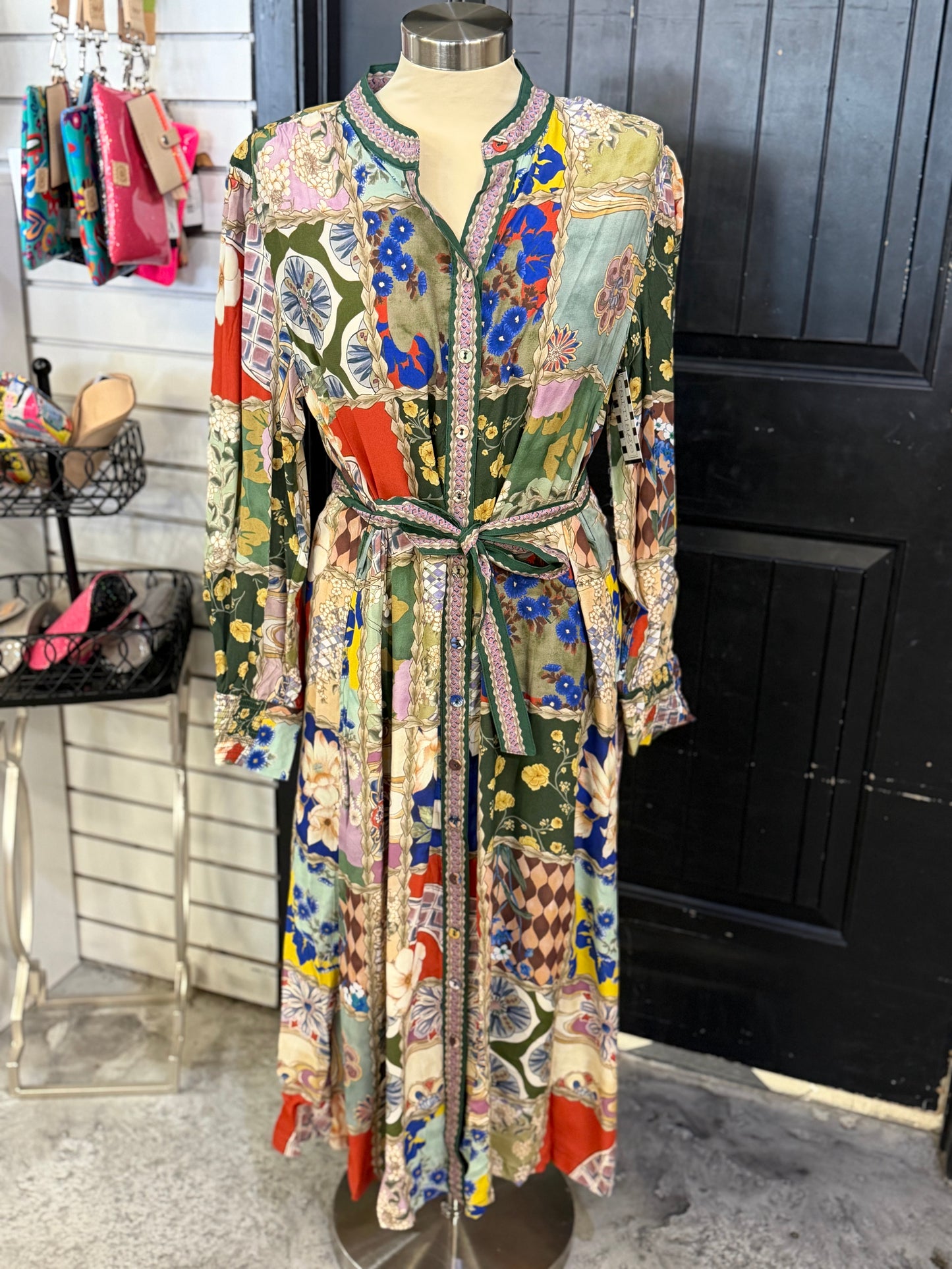 Green Multi Print LS Long Dress