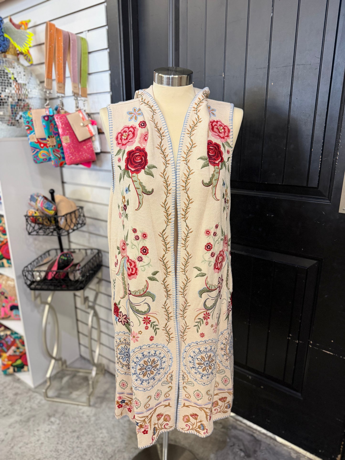 Cream Embroidered Long Sweater Vest