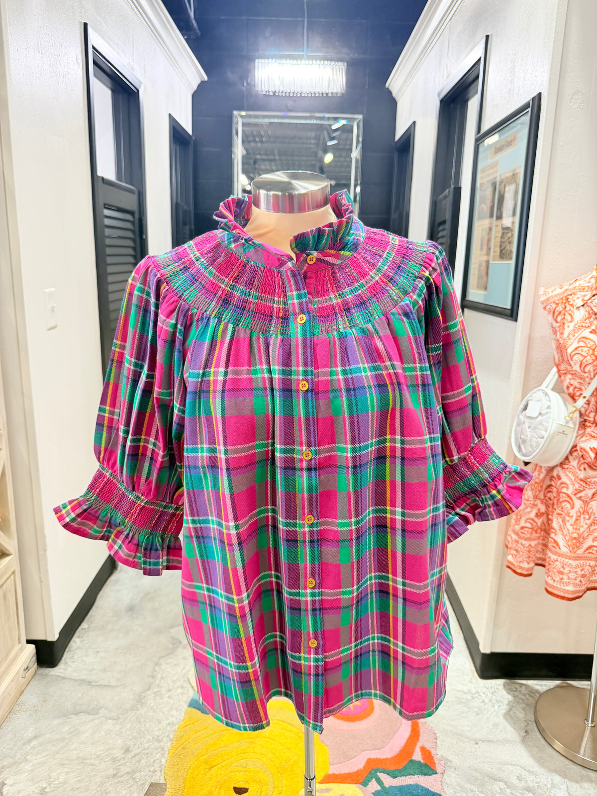 Pink Plaid Smocked Yoke Blouse