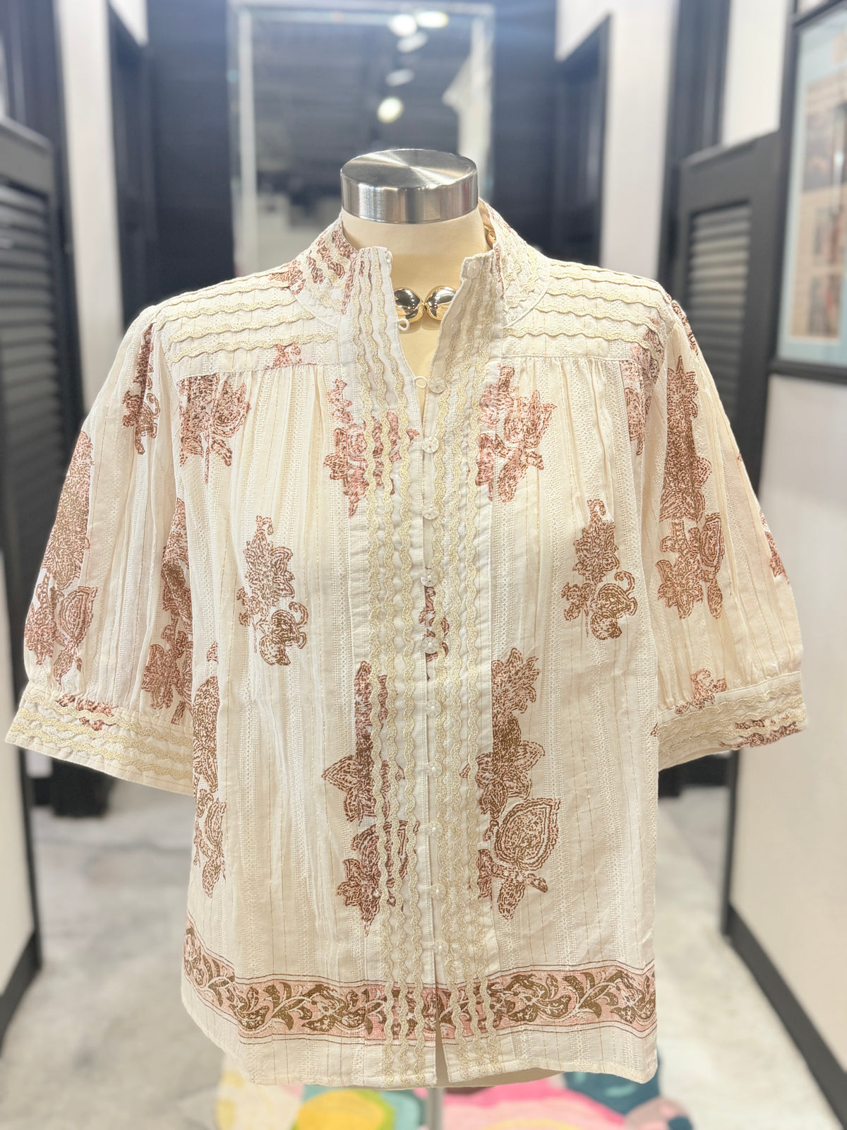 Ivory Metallic Trim Paisley Top