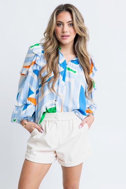 Geometric Ruffle Sleeve Top