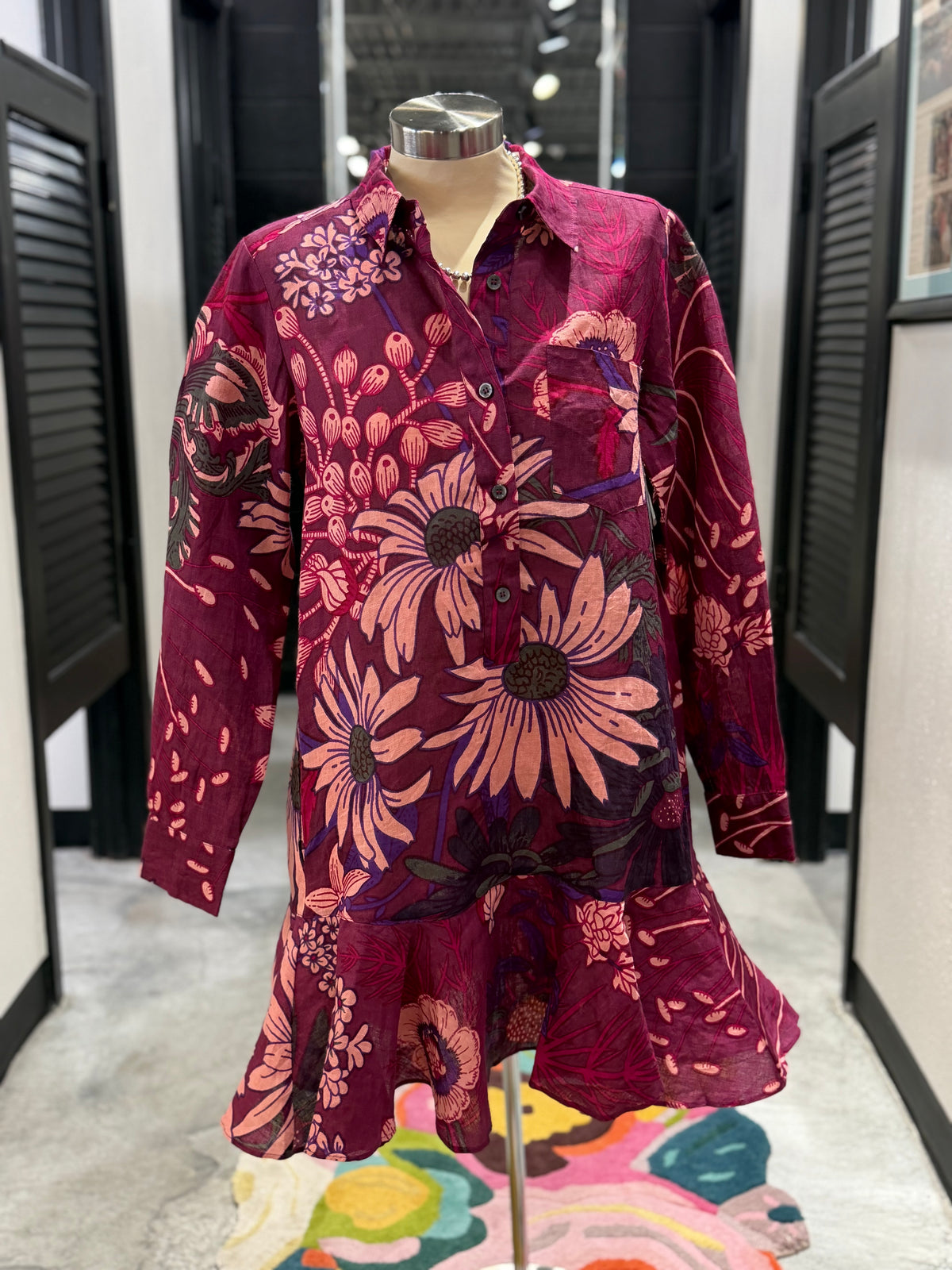 Wine Linen LS Floral Dress