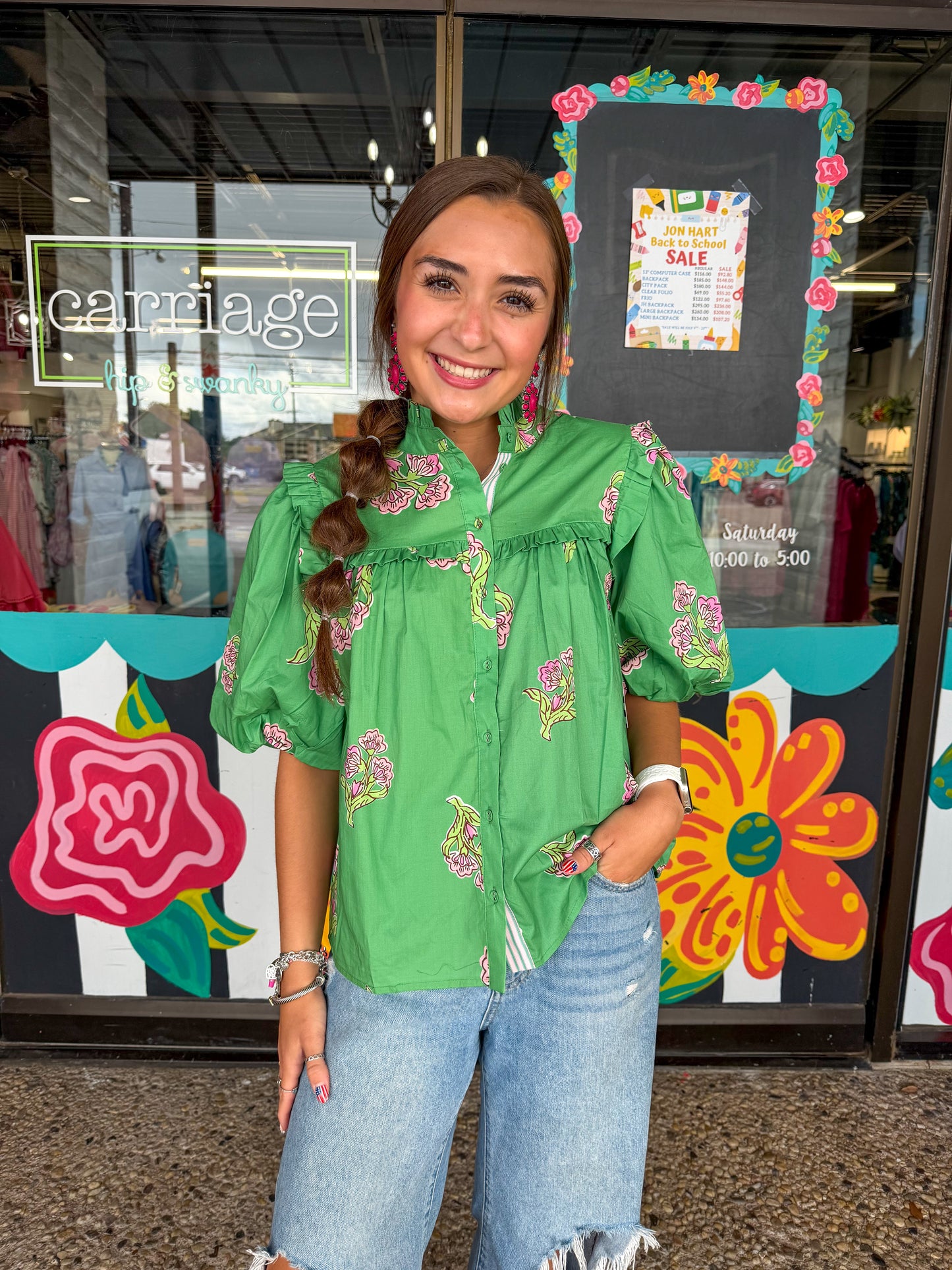 Green Floral Puff Sleeve Top
