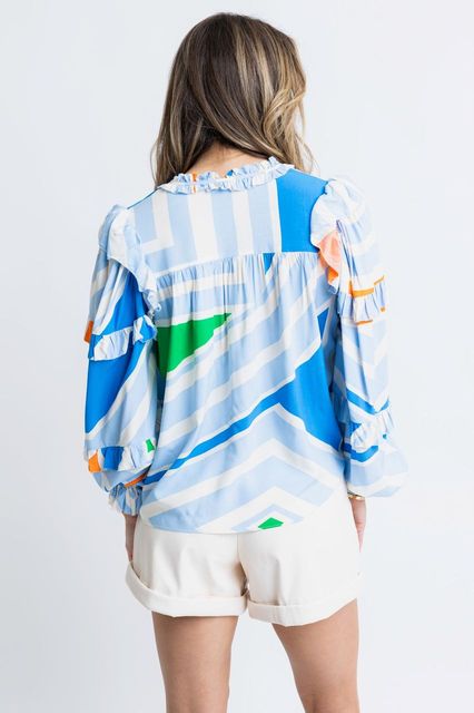 Geometric Ruffle Sleeve Top