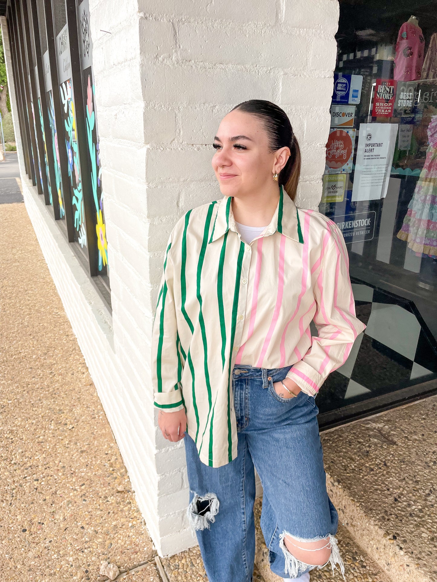 Jade & Pink Stripe Color Block Collared Shirt
