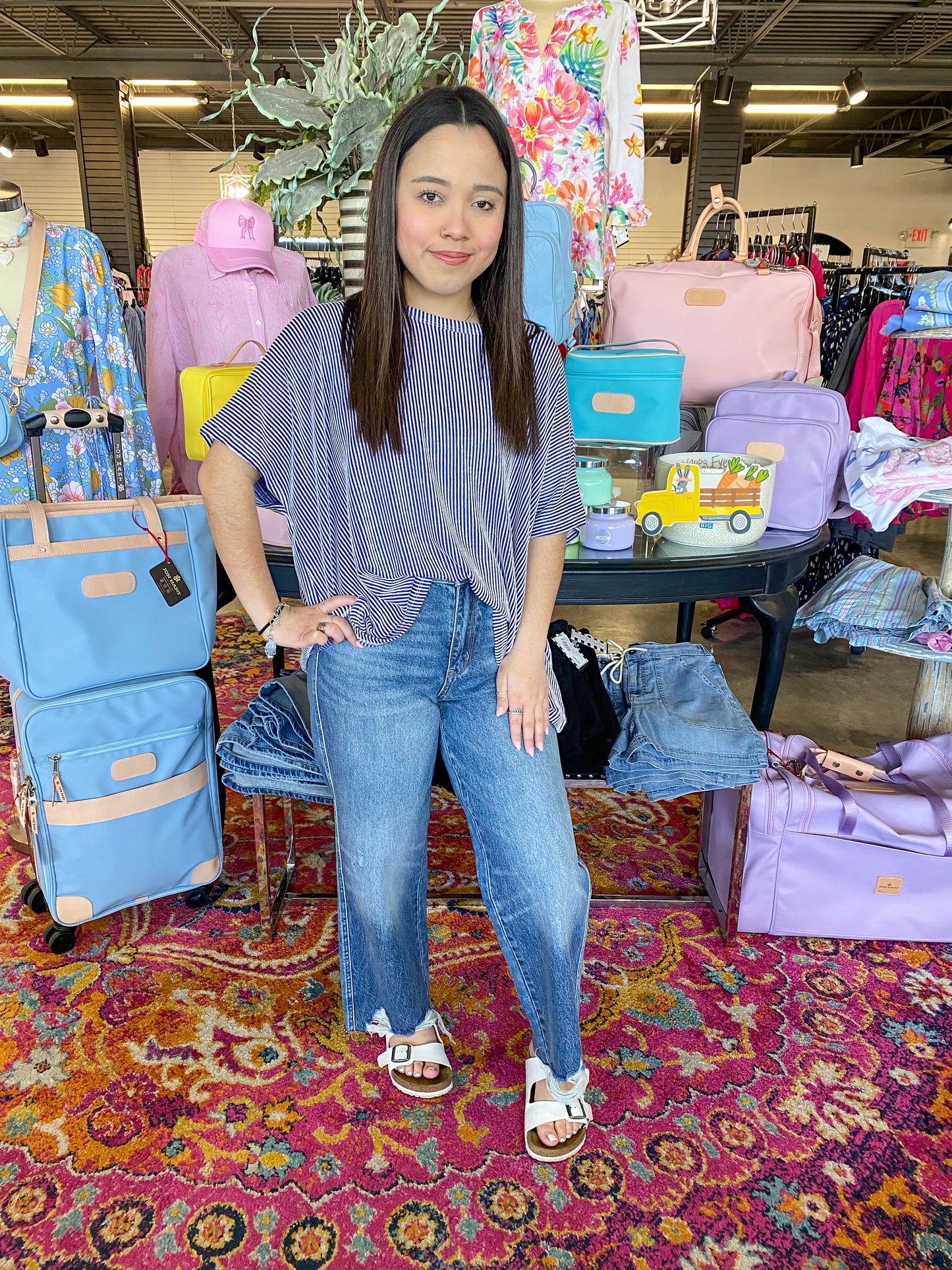 Bright Blue Ribbed Striped Oversized Top