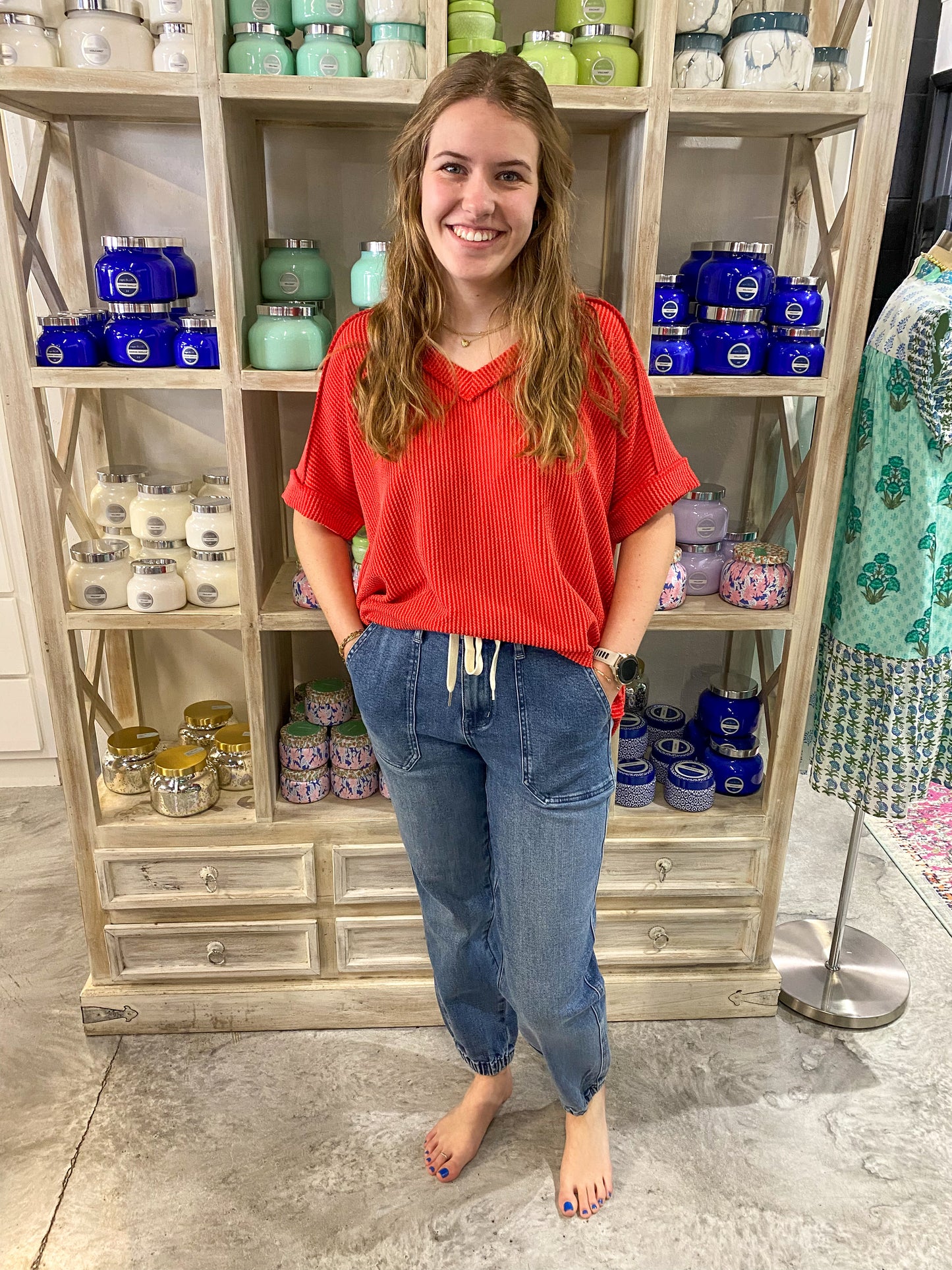 Tomato Corded Rib Short Sleeve Top