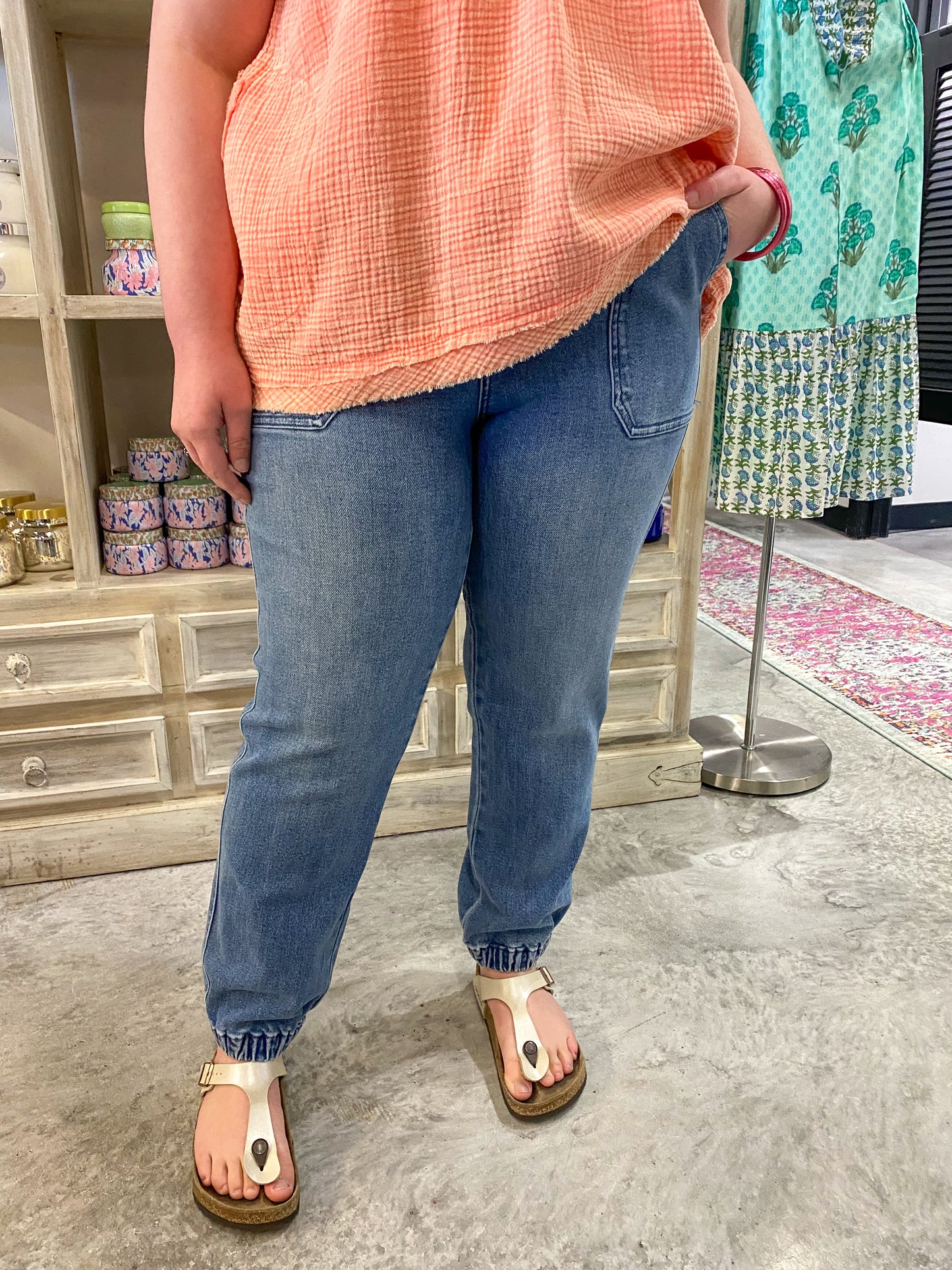 High Waisted Denim Joggers Med Blue