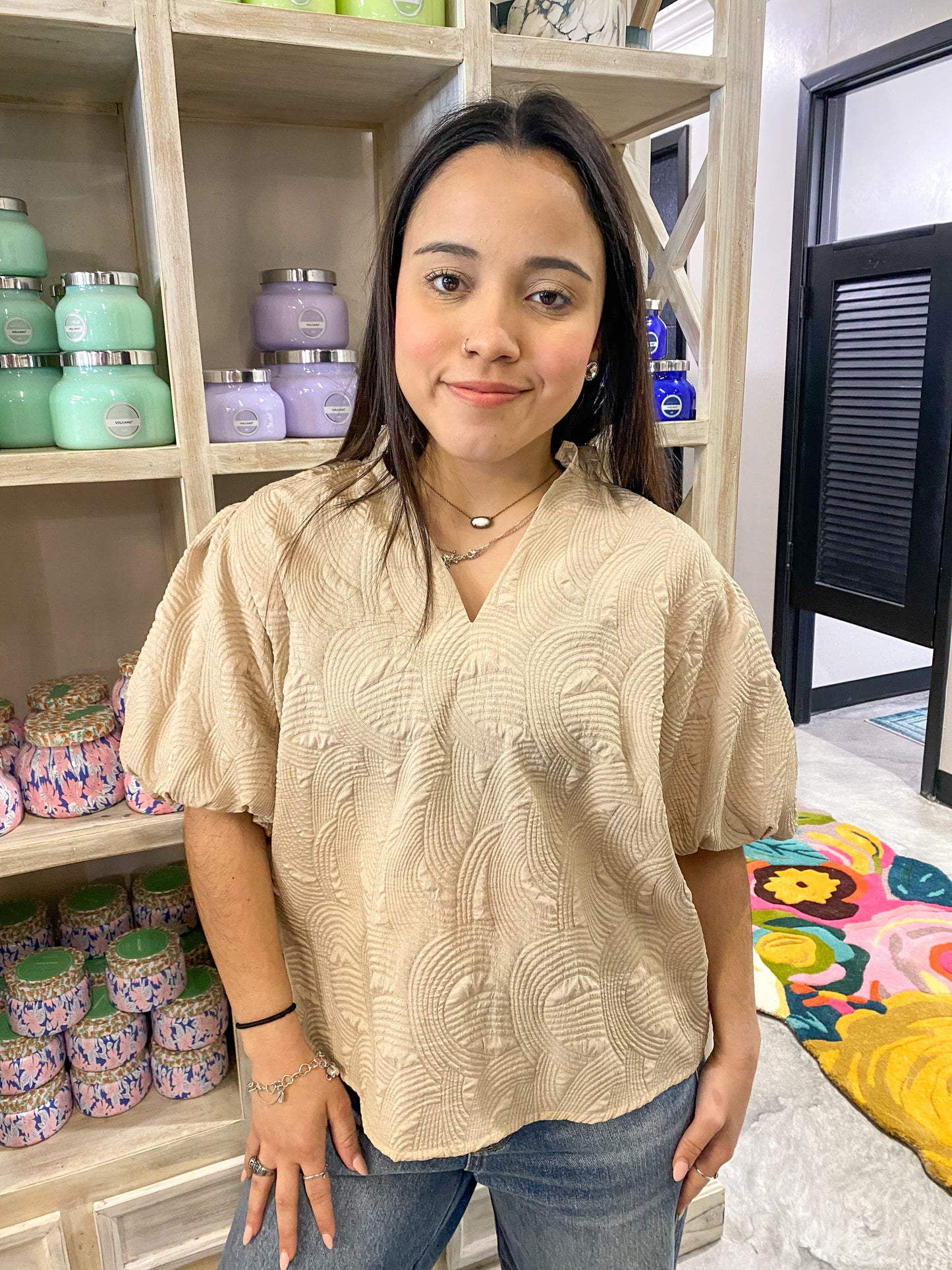 Beige Short Puff Sleeve Top