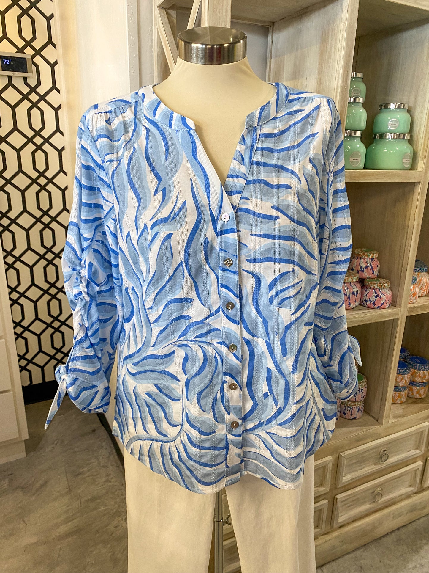 Blue Ruched Sleeve Button Up Top