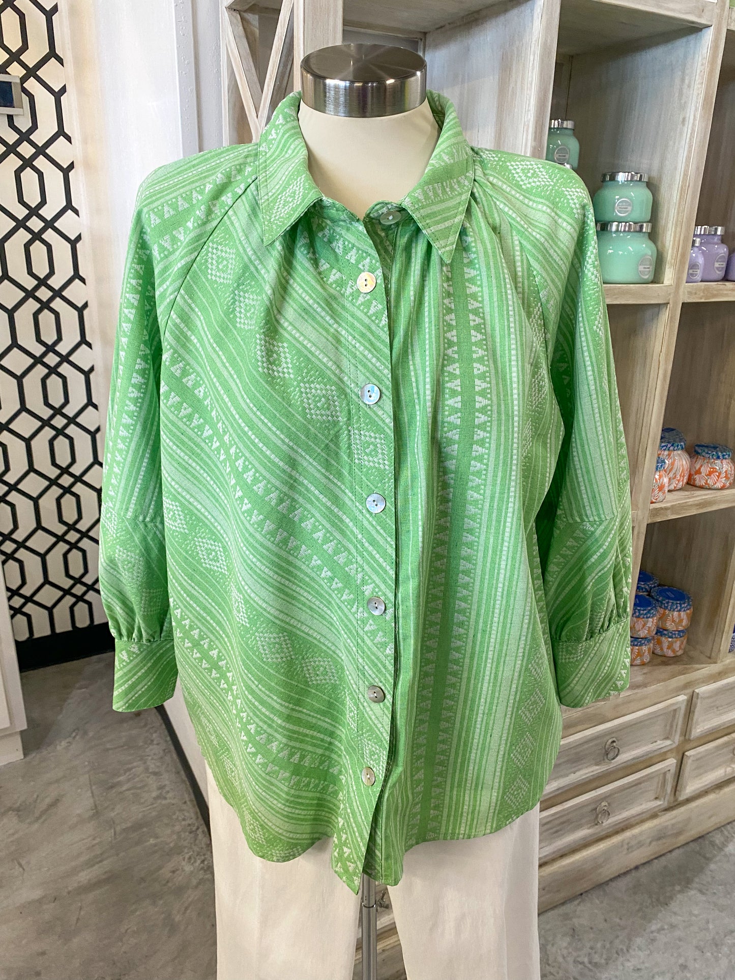 Green Striped Button Up Top