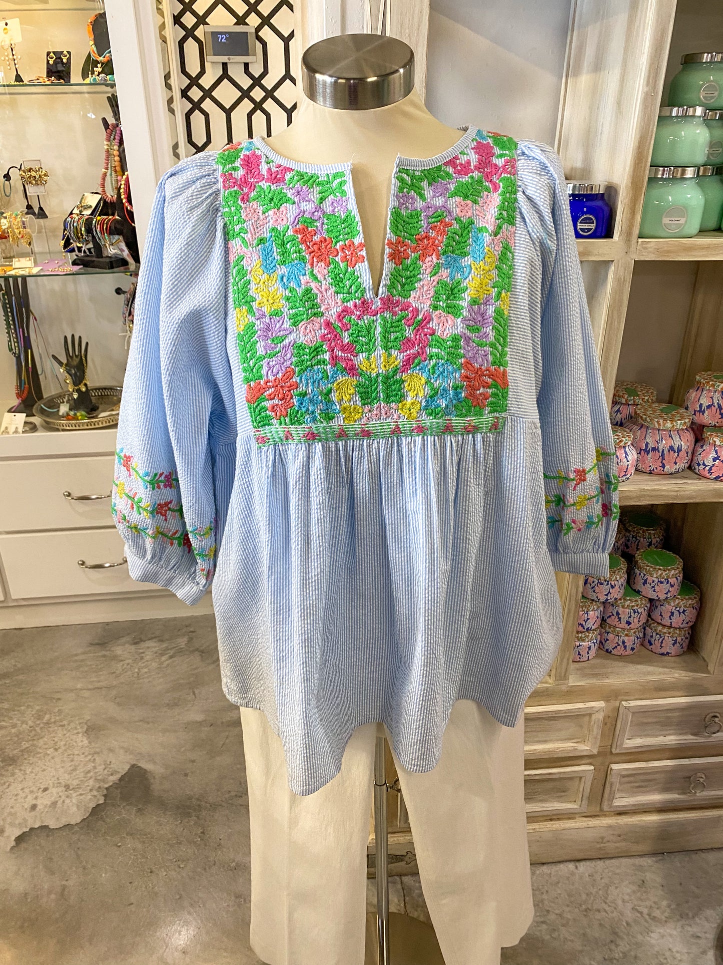 Blue & White Striped Embroidered top