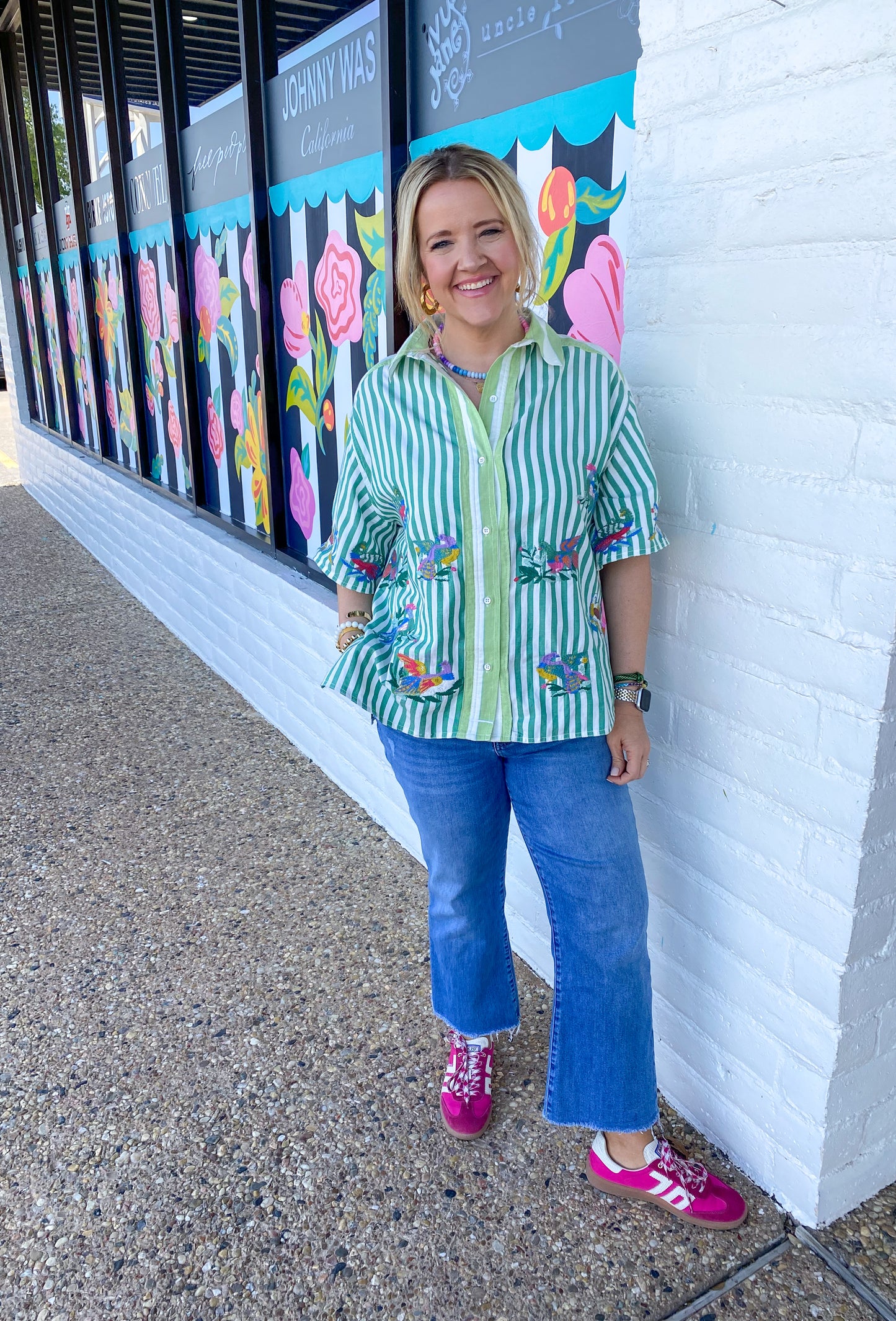 French Green Button Stripe Top