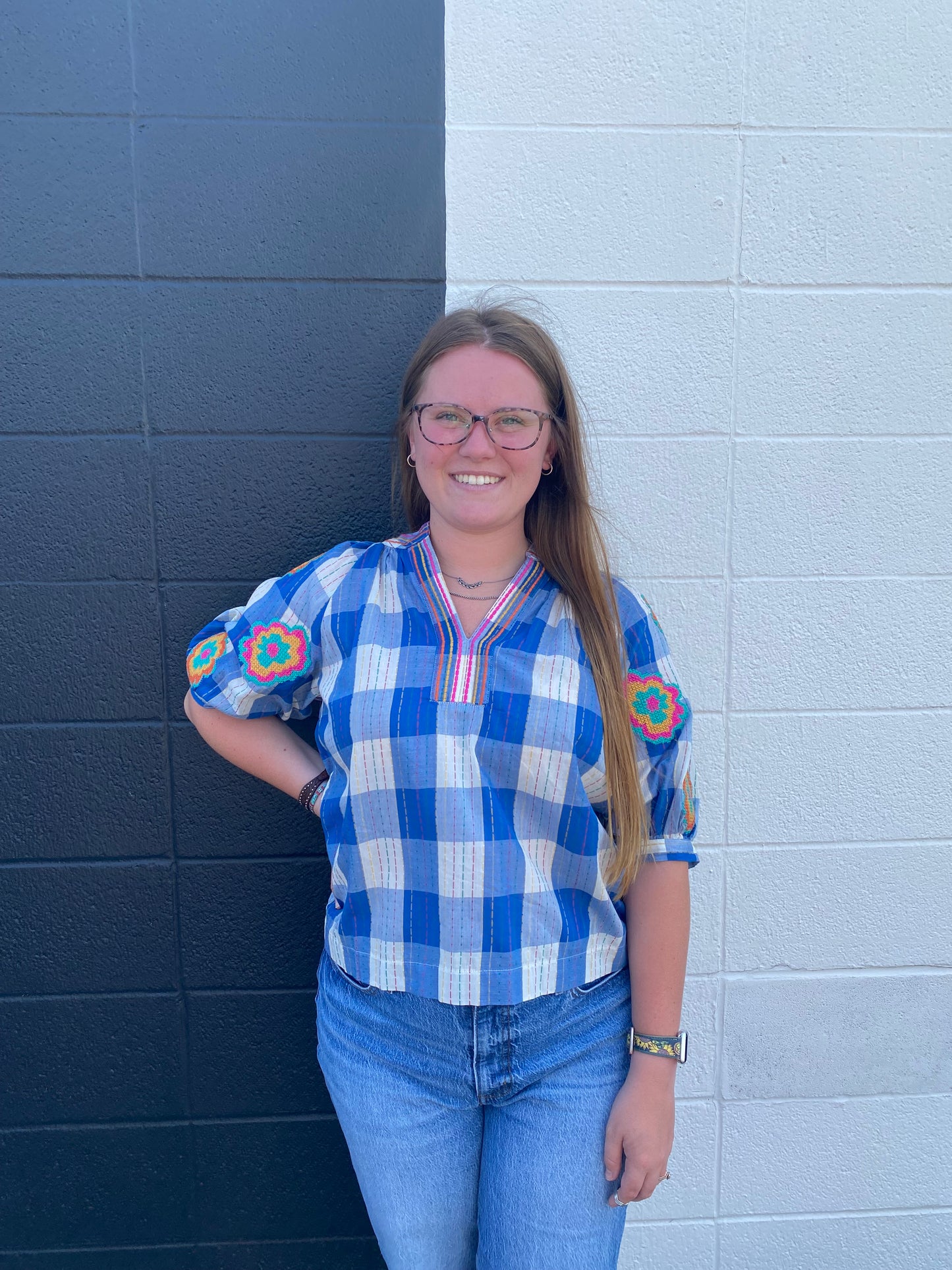 Blue Embroidered Sleeve Checkered Top