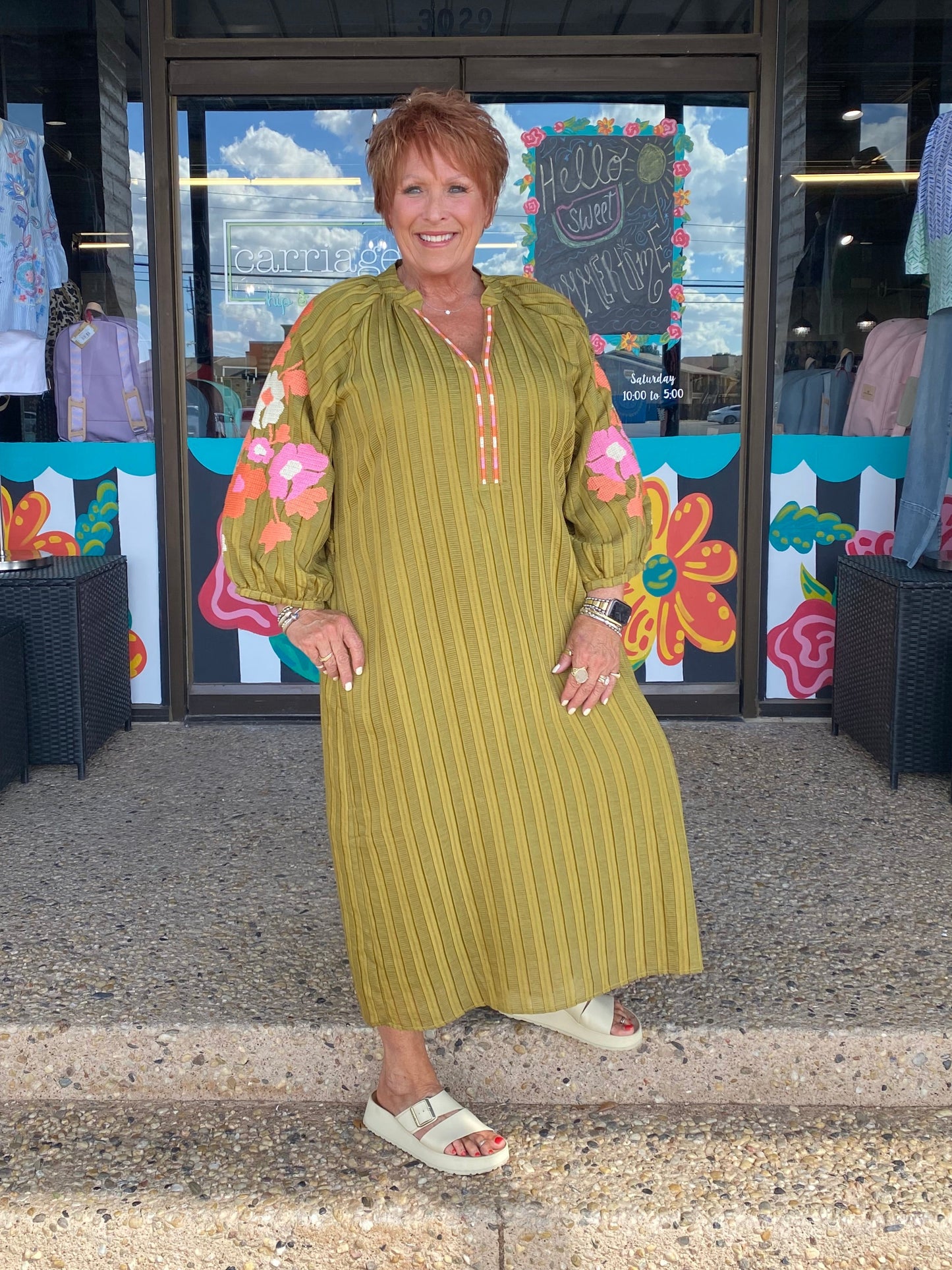 Olive Embroidered Puff Sleeve Maxi Dress