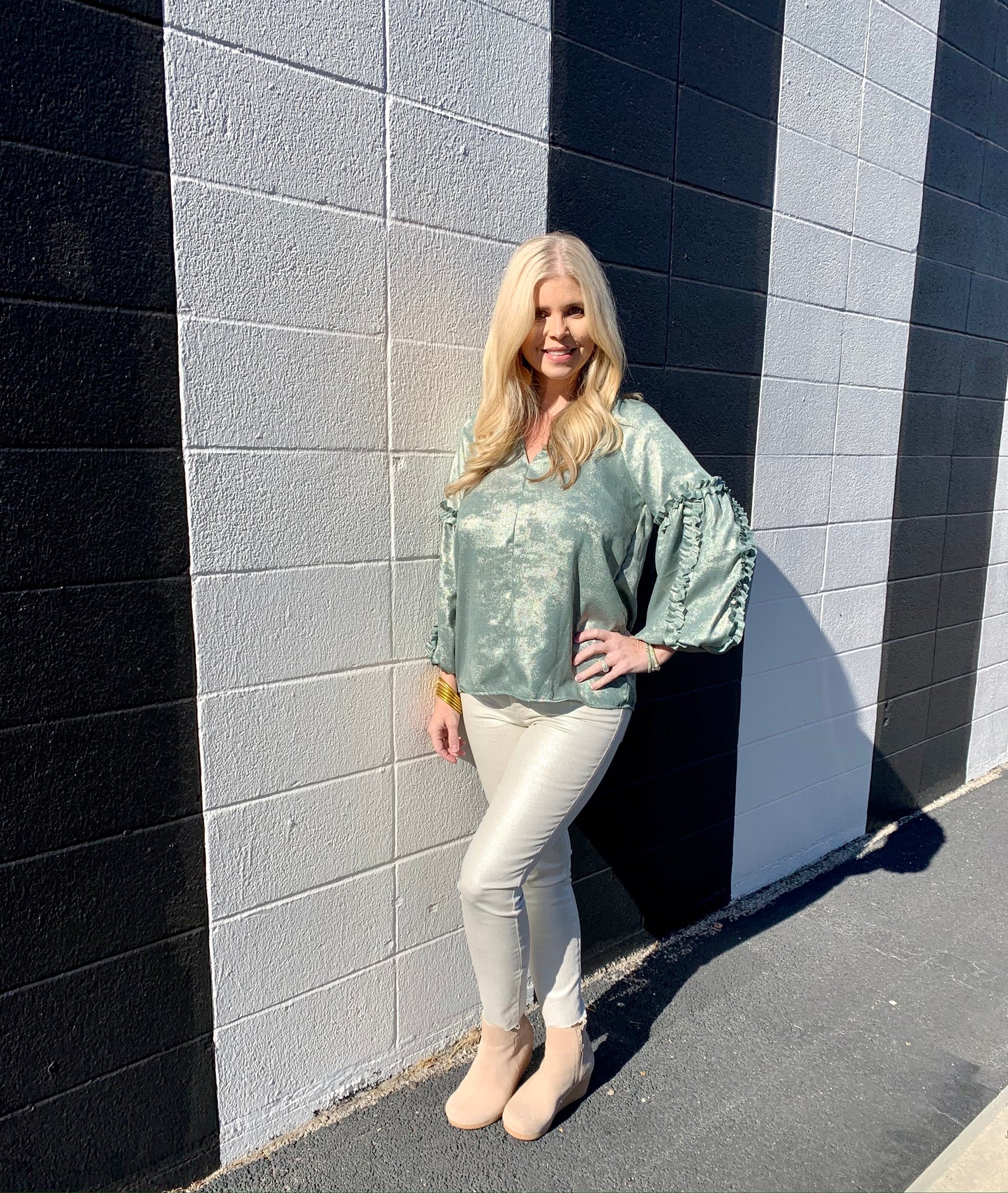 Metallic Popover Ruffled Top