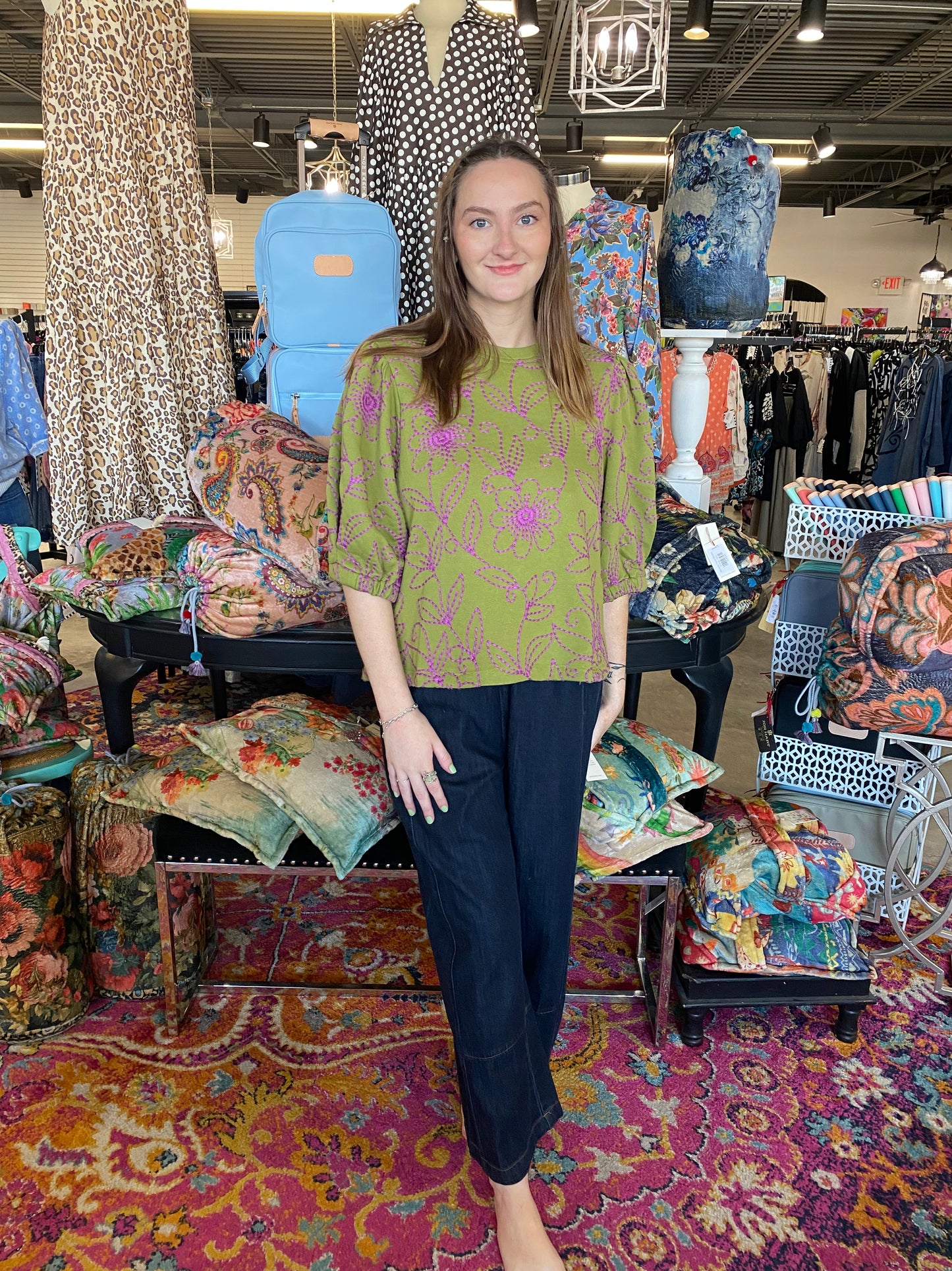 Green Floral Vines Knit Top