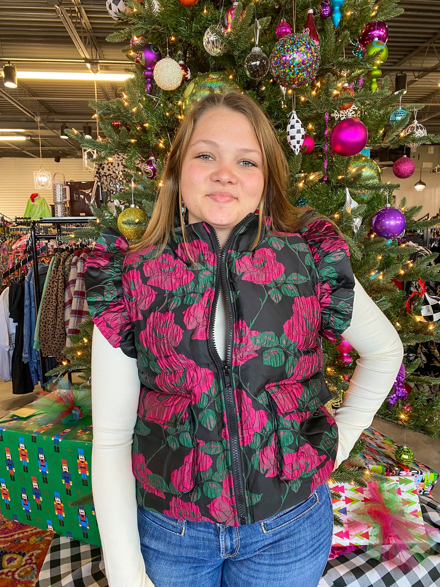 Black Floral Puffy Vest
