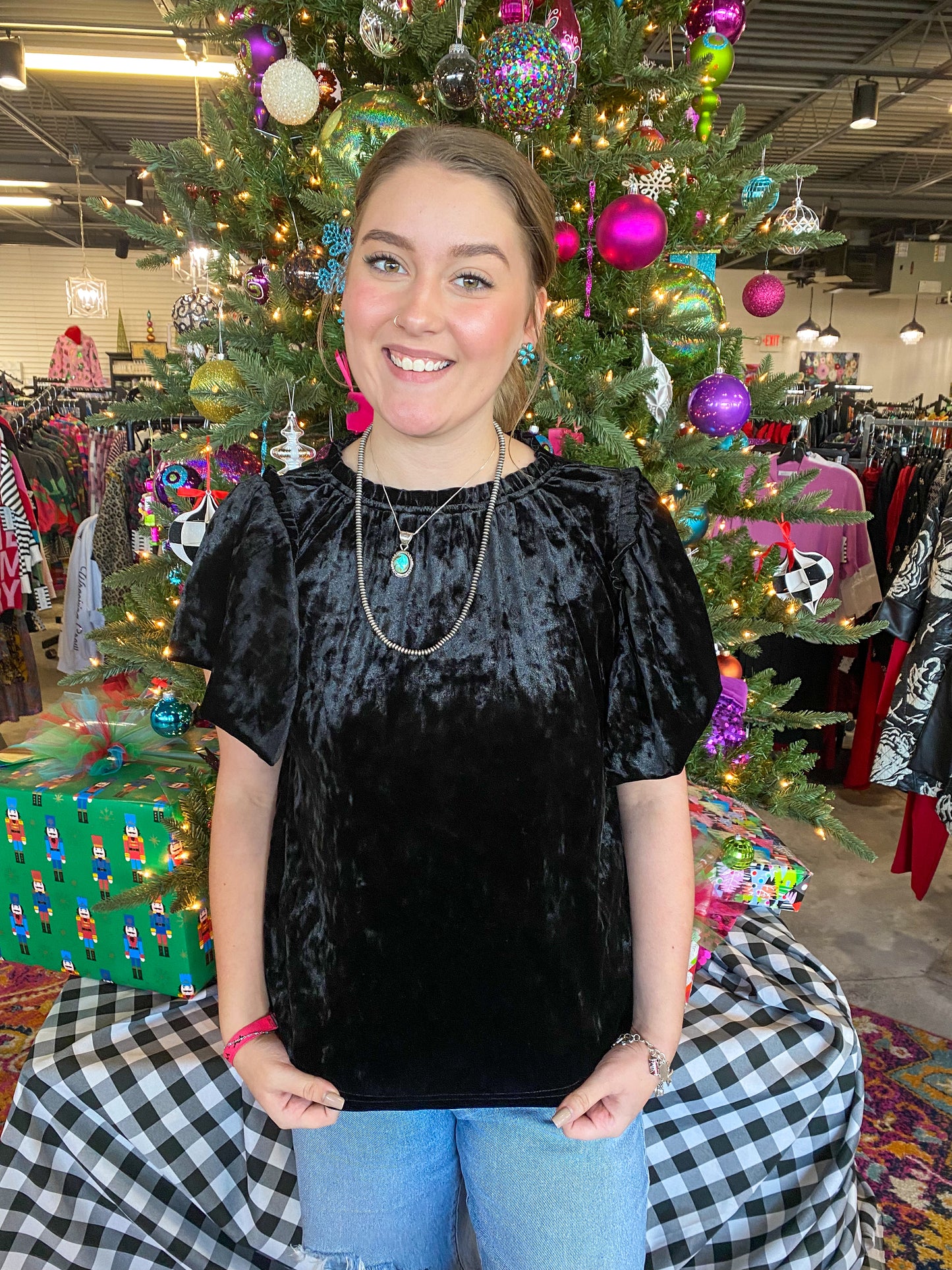 Black Solid Velvet Flounce Top