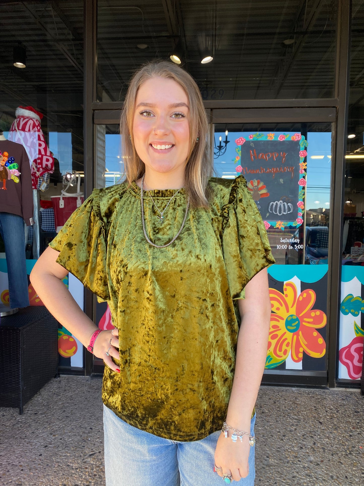 Olive Solid Velvet Flounce Top