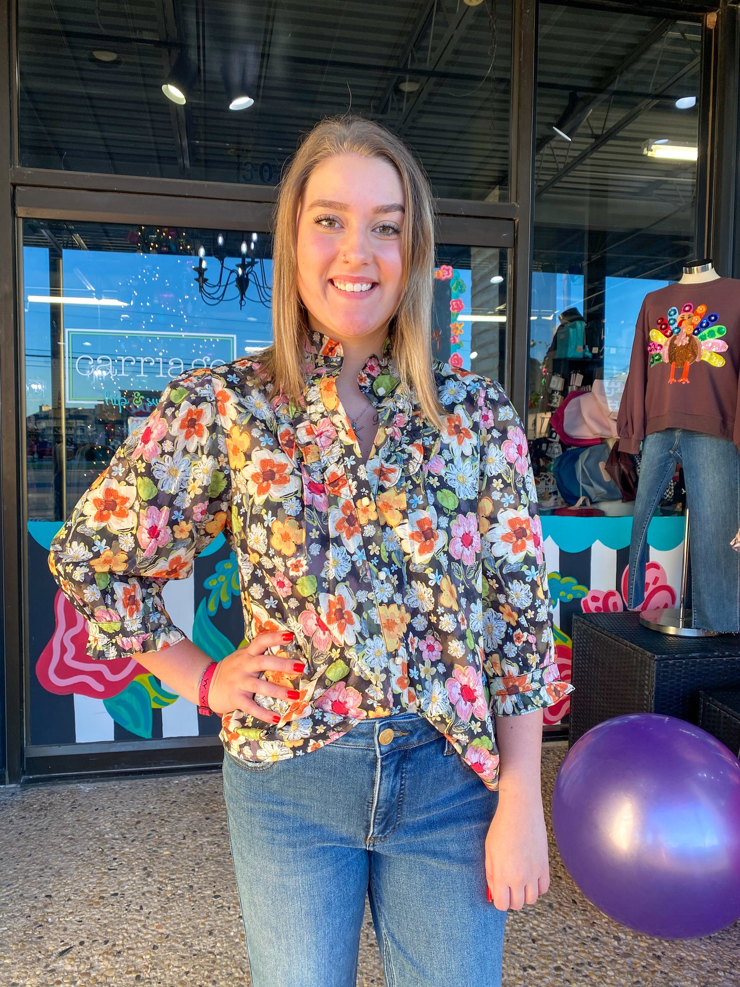 Plum Mosaic Ruffle Neck Blouse