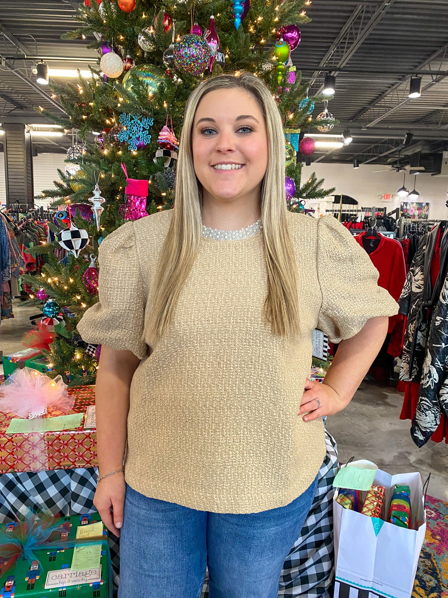 Camel Beaded Neck Top
