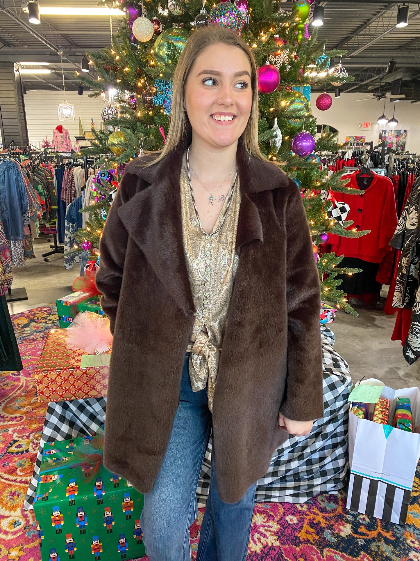 Chocolate Faux Fur & Suede Coat
