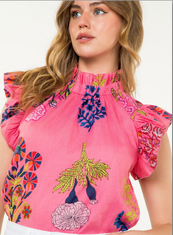 Pink Flutter Sleeve Floral Top