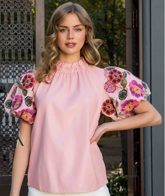 Embroidered Puff Sleeve Leather Top