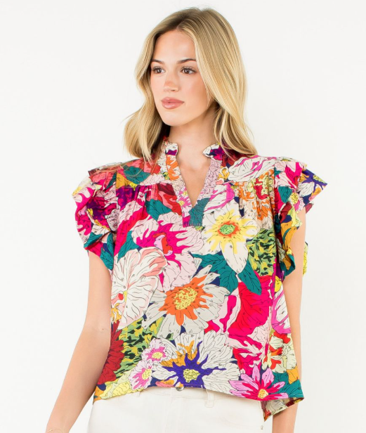V-Neck Flutter Sleeve Floral Top