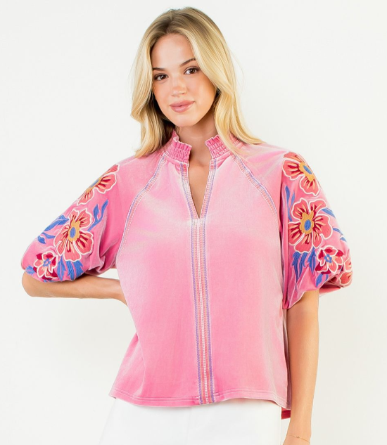 Pink Floral Embroidered Puff Sleeve Velvet Top
