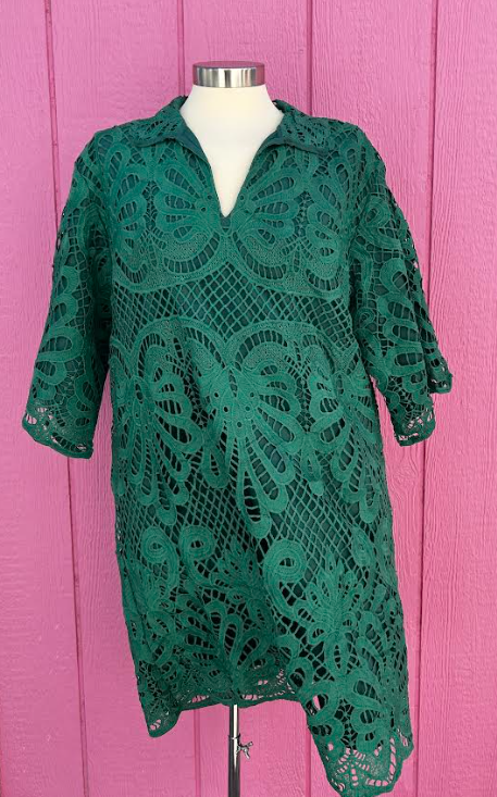 Green Lace High Neck Tunic Dress