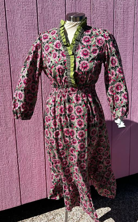 Sage Mix Floral Ruffle Midi Dress