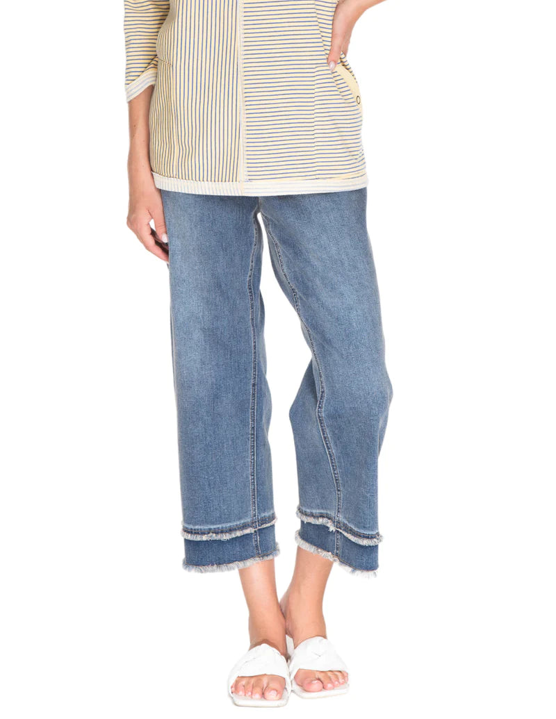 Wide Leg Med Wash Fringe Hem Jean