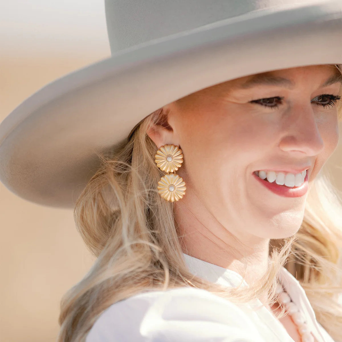 Gold Double Concho Pearl Earrings